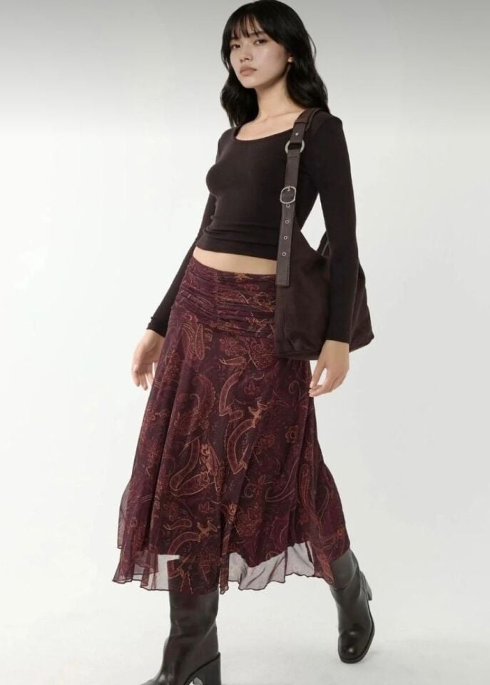 Kadın Büzgü Detaylı Desenli Midi Etek