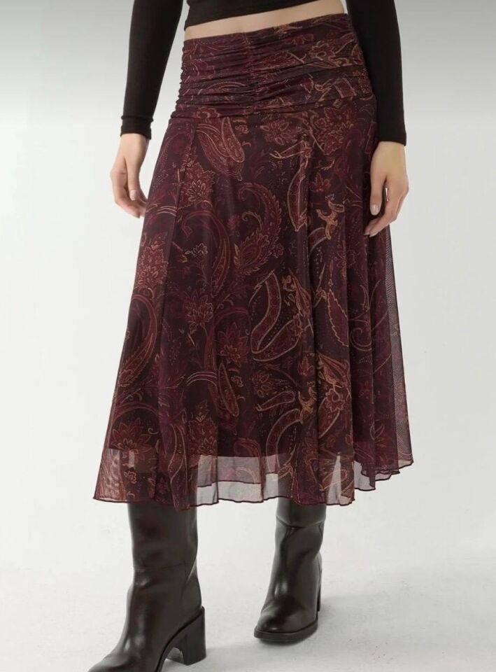 Kadın Büzgü Detaylı Desenli Midi Etek