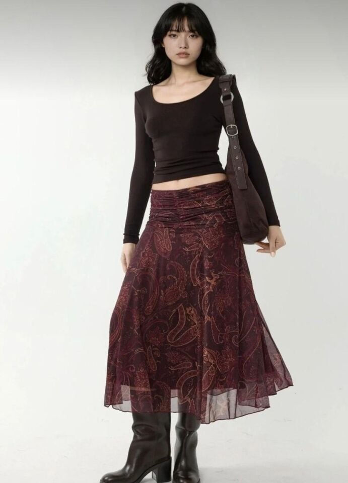 Kadın Büzgü Detaylı Desenli Midi Etek