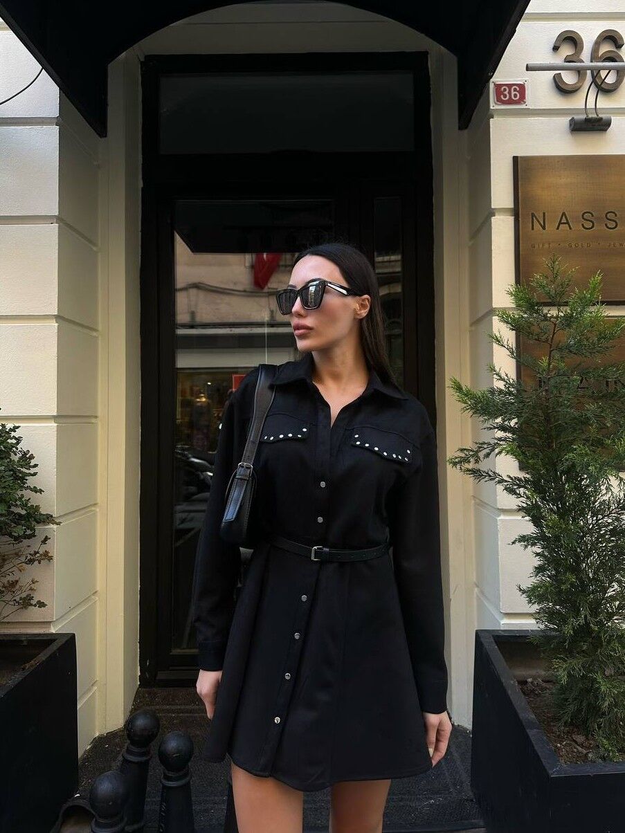 Kadın Zımba Detaylı Kemerli Süet Elbise