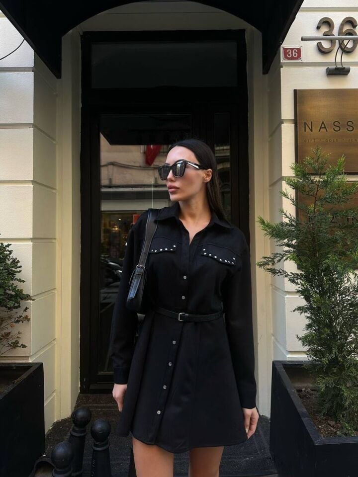 Kadın Zımba Detaylı Kemerli Süet Elbise