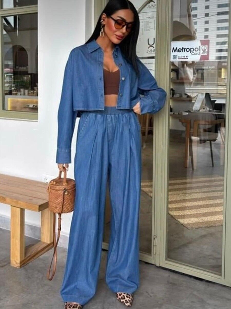 Kadın Denim Gömlek Palazzo Pantolon