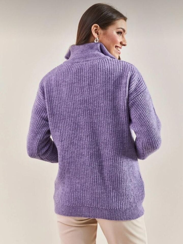 Kadın Fermuarlı Balıkçı Yaka Oversize Triko Kazak