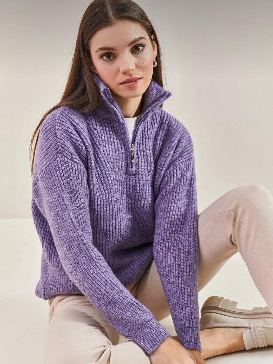 Kadın Fermuarlı Balıkçı Yaka Oversize Triko Kazak