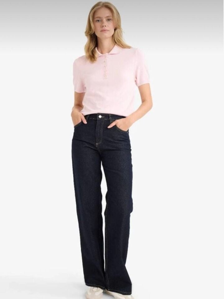 Kadın Fitted Polo Yaka Kısa Kollu Triko Kazak