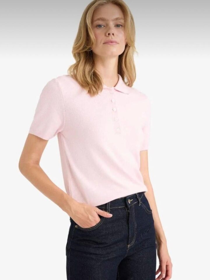 Kadın Fitted Polo Yaka Kısa Kollu Triko Kazak