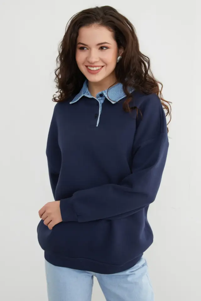 Kadın  Kot Garnili Gömlek Yaka Oversize Sweatshirt