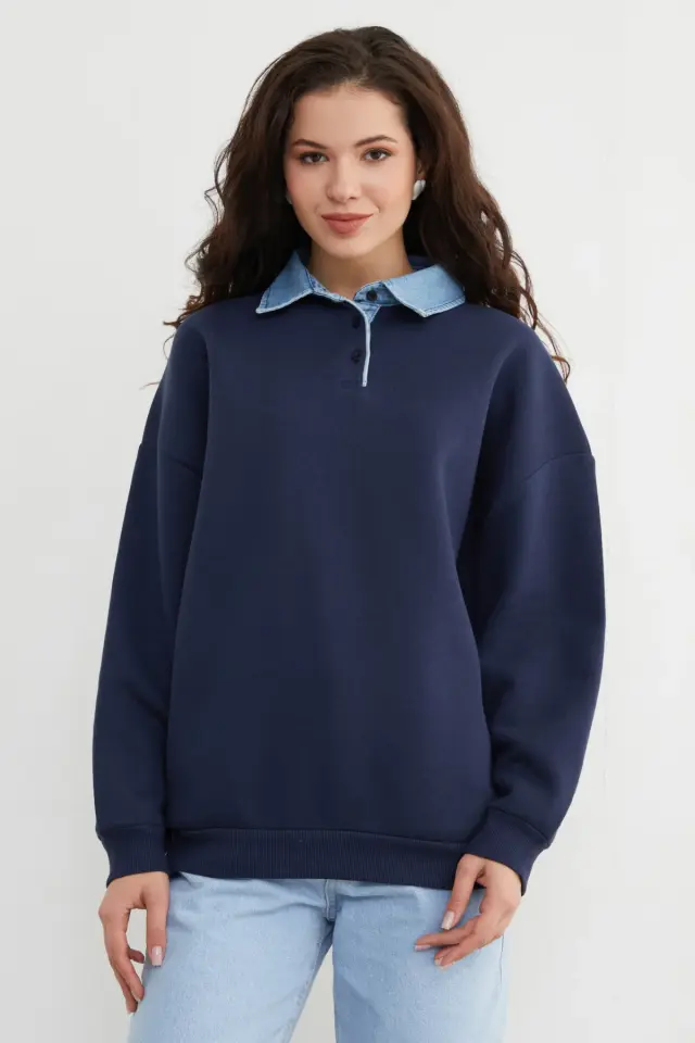Kadın  Kot Garnili Gömlek Yaka Oversize Sweatshirt