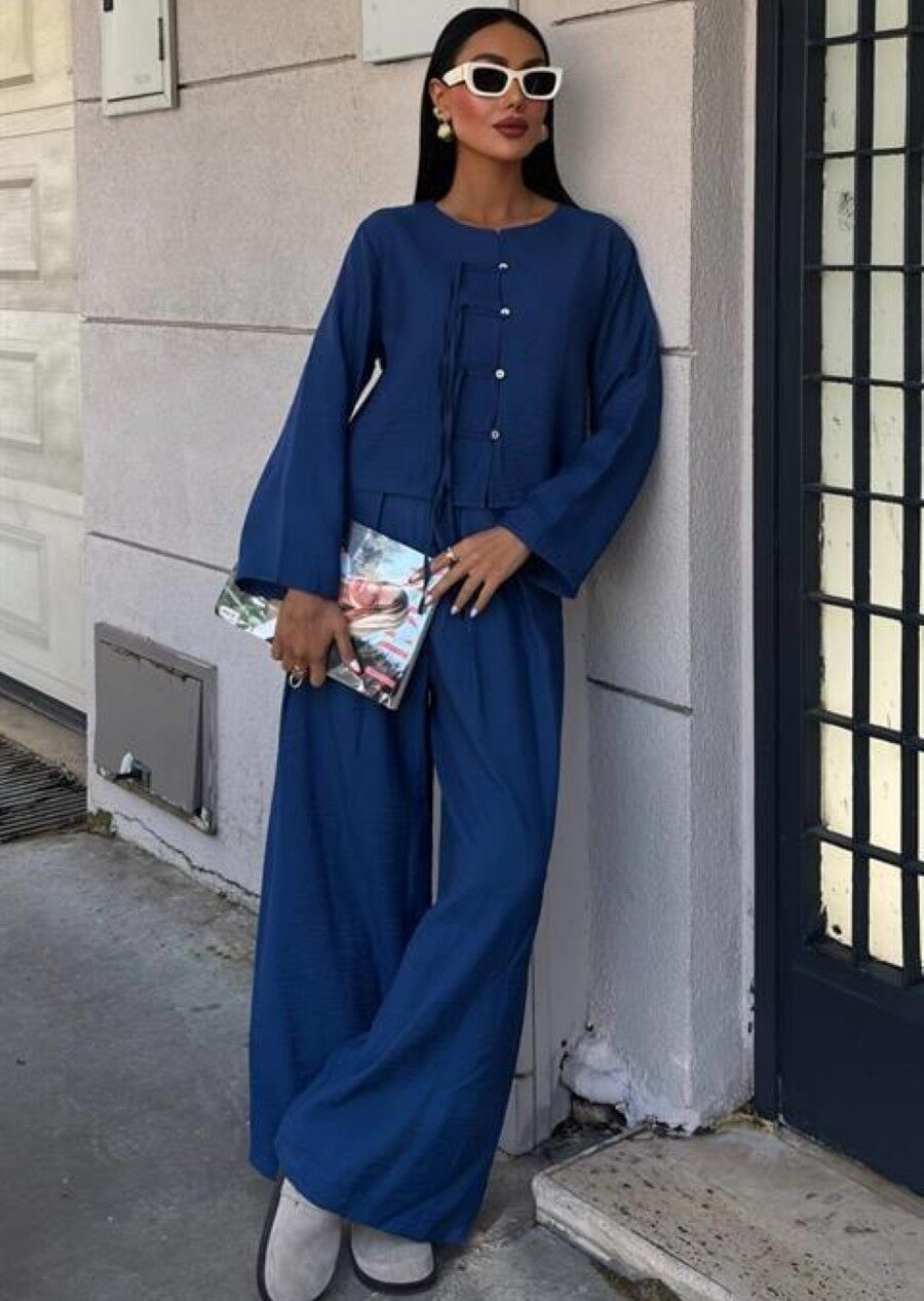 Önü İnce Kordon Detaylı ve Double Paça Pantolonlu Takım