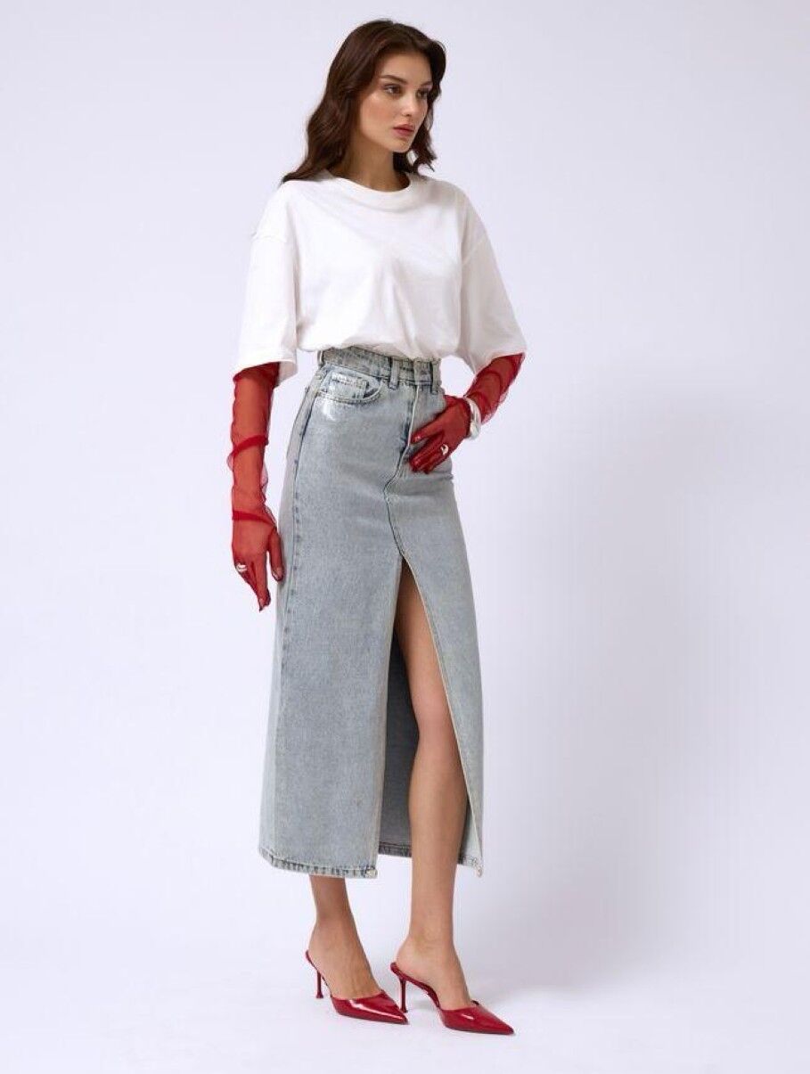 Kadın Varak Baskılı Denim Etek