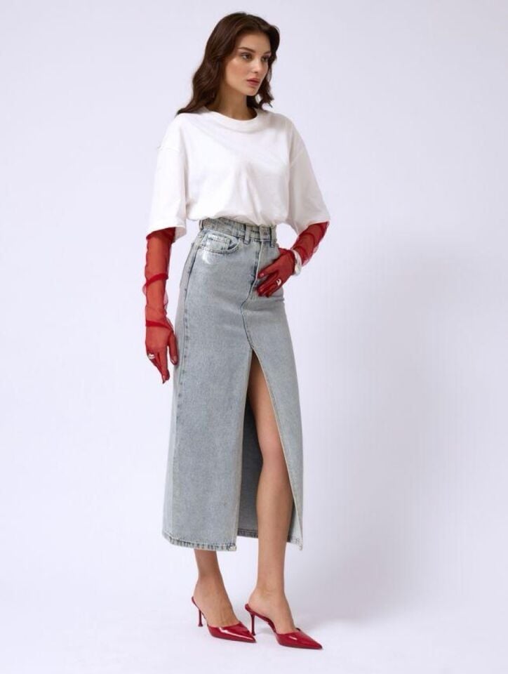 Kadın Varak Baskılı Denim Etek