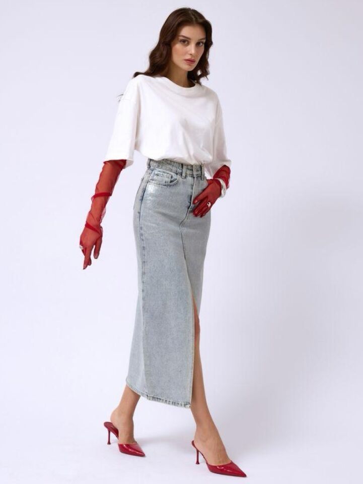 Kadın Varak Baskılı Denim Etek