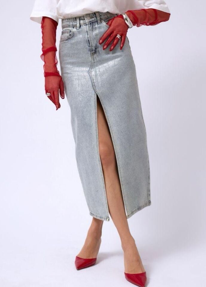 Kadın Varak Baskılı Denim Etek