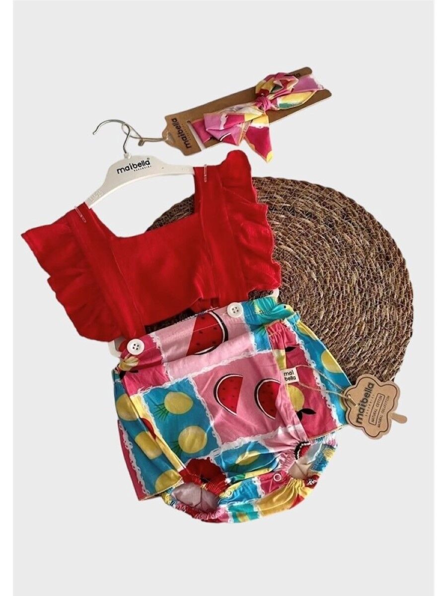 Kız Bebek Saç Bantlı Meyve Desenli Romper