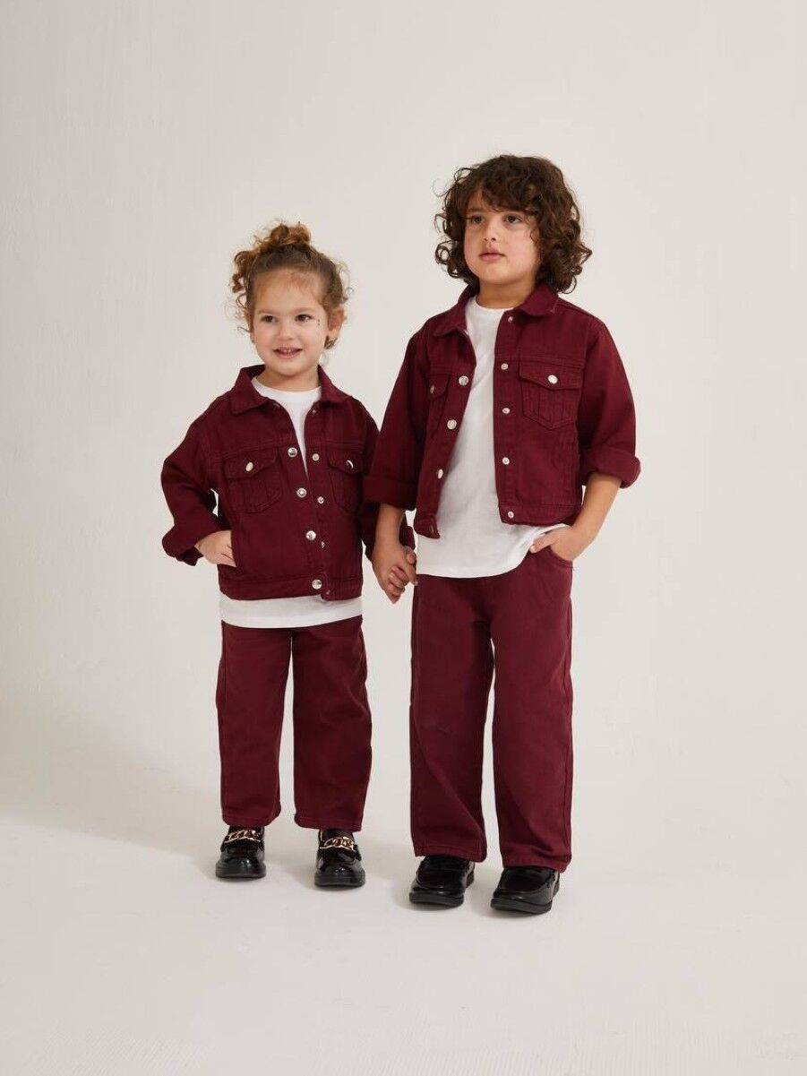 Unisex Çocuk Bordo Kot Ceket Pantolon