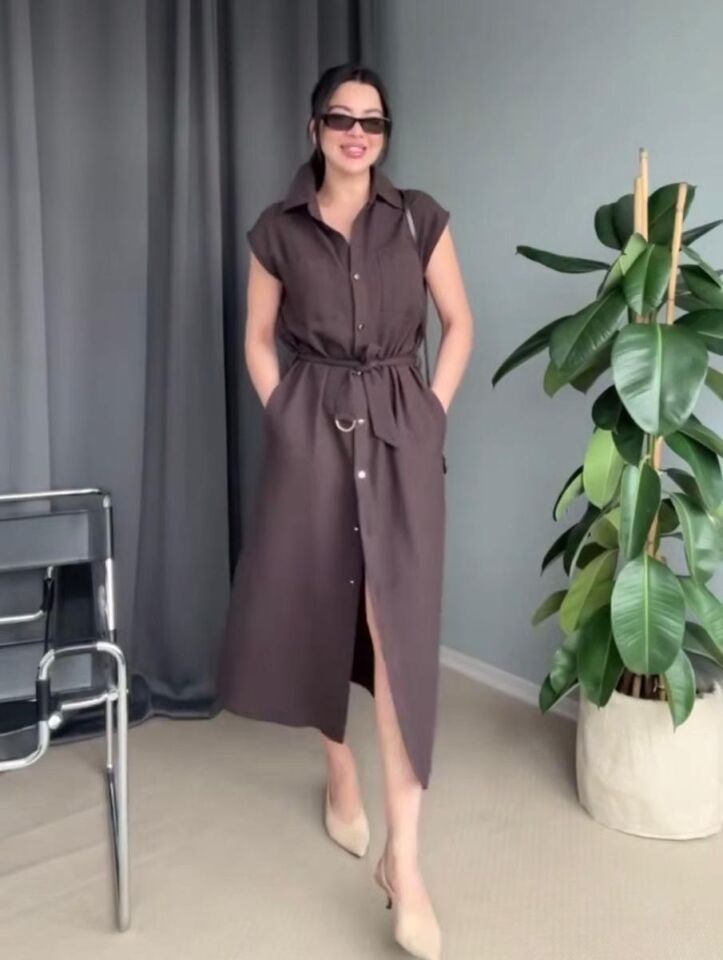 Kadın Acı Kahve Keten Elbise
