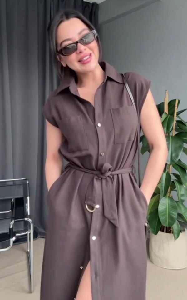 Kadın Acı Kahve Keten Elbise