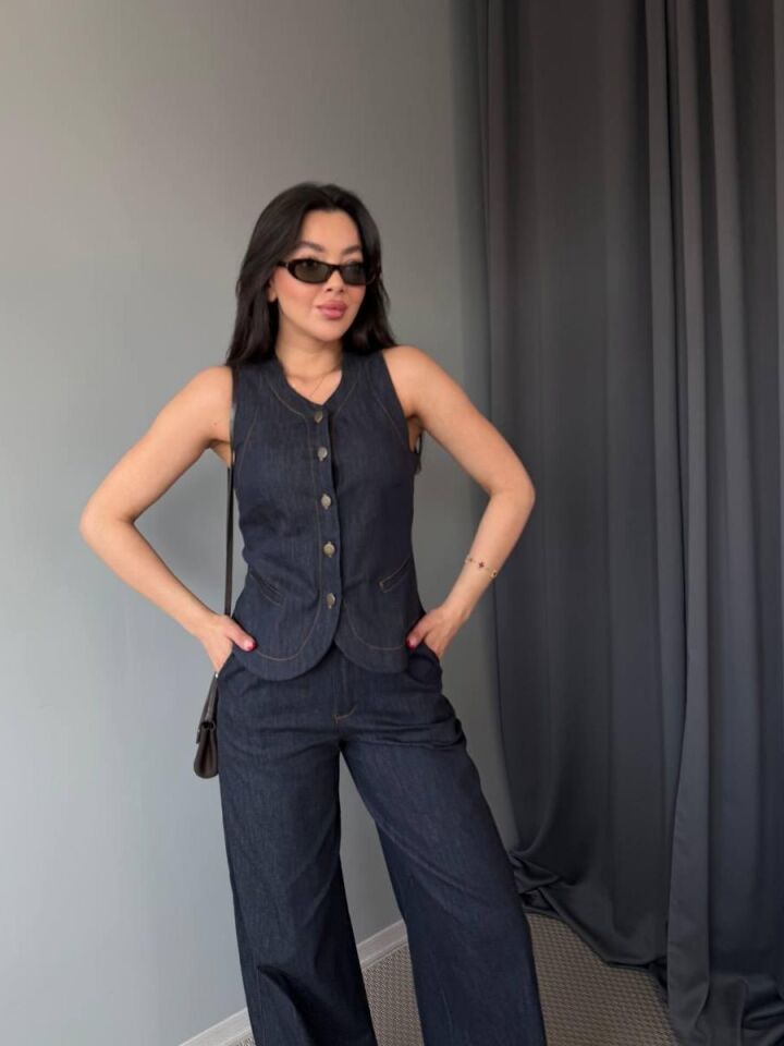 Kadın Denim Yelek Jean Takım