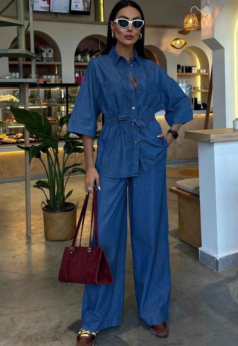 Kadın Beli Latikli Kuşaklı Denim Takım
