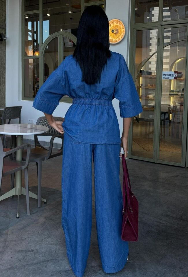 Kadın Beli Latikli Kuşaklı Denim Takım