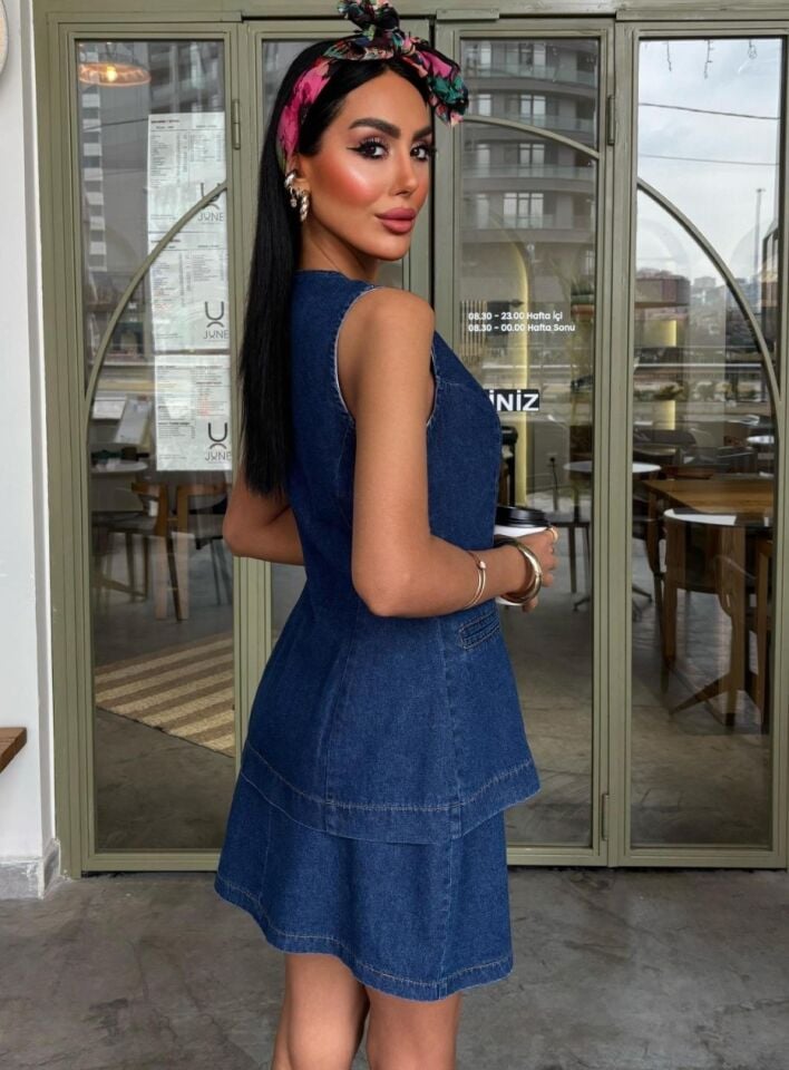 Kadın Yelek Etek Denim Takım