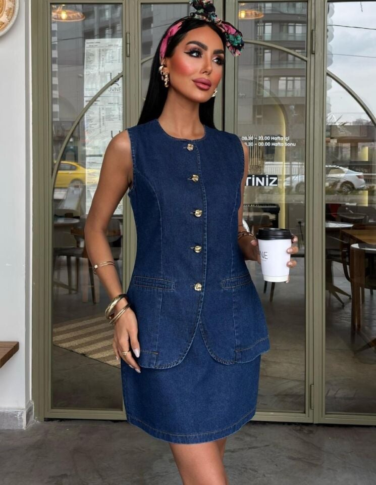 Kadın Yelek Etek Denim Takım
