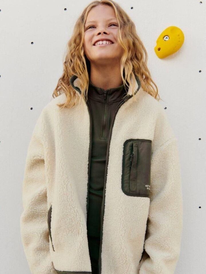 Kız Çocuk Kontrast Suni Yünlü Ceket