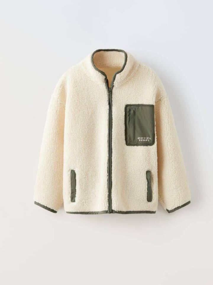 Kız Çocuk Kontrast Suni Yünlü Ceket