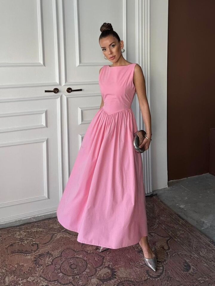 Kadın Pembe Uzun Büzgülü Elbise