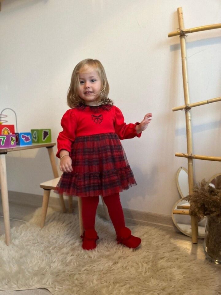 Kız Bebek Ekoseli Tüllü  Elbise