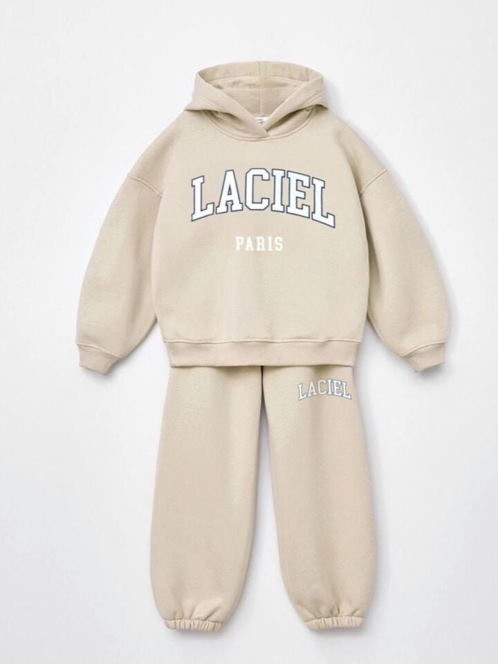 Kız Çocuk Sloganlı Kışlık 3 İplik Pamuklu Sweatshirt Eşofman Alt-üst Takım