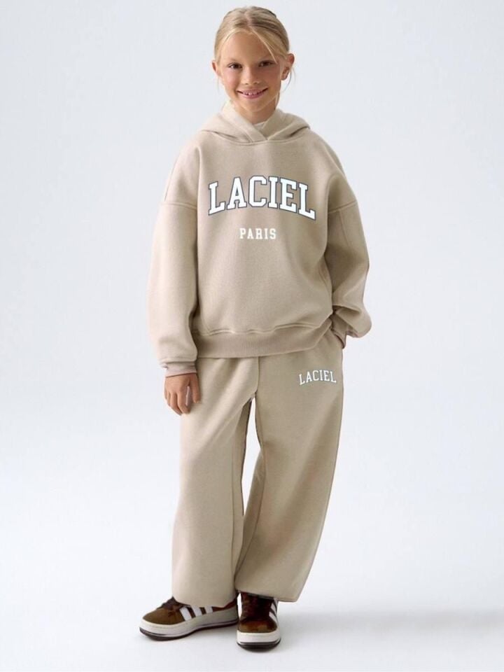 Unisex Çocuk Sloganlı Kışlık 3 İplik Pamuklu Sweatshirt Eşofman Alt-üst Takım