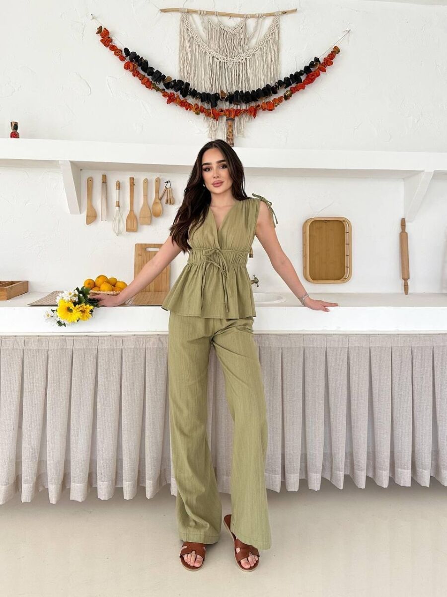 Kadın Lastik Detaylı Pantolon Bluz Takım