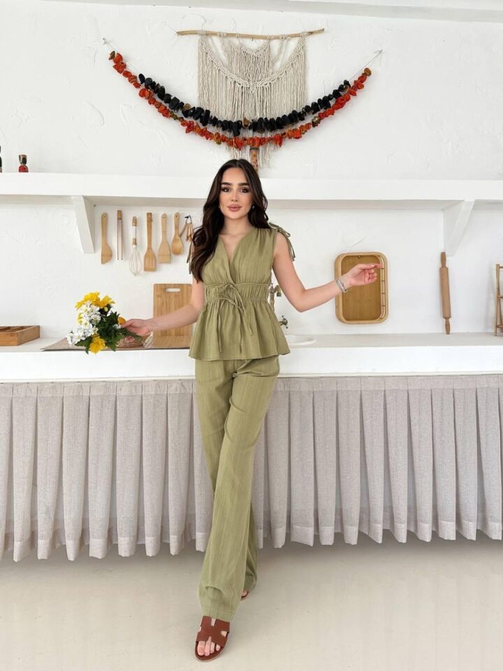 Kadın Lastik Detaylı Pantolon Bluz Takım