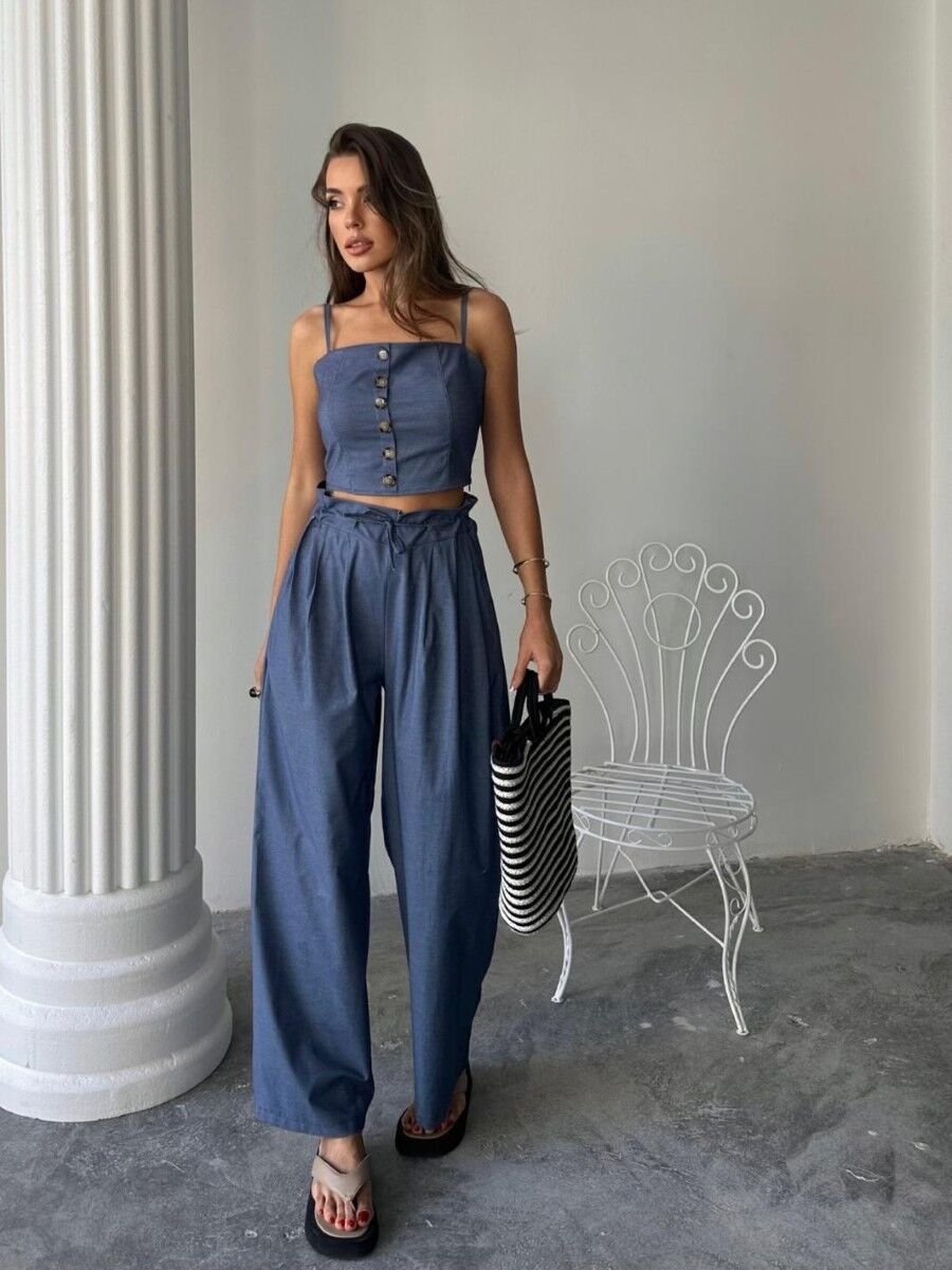 Kadın Tencel Crop Şalvar Pantolon Takım