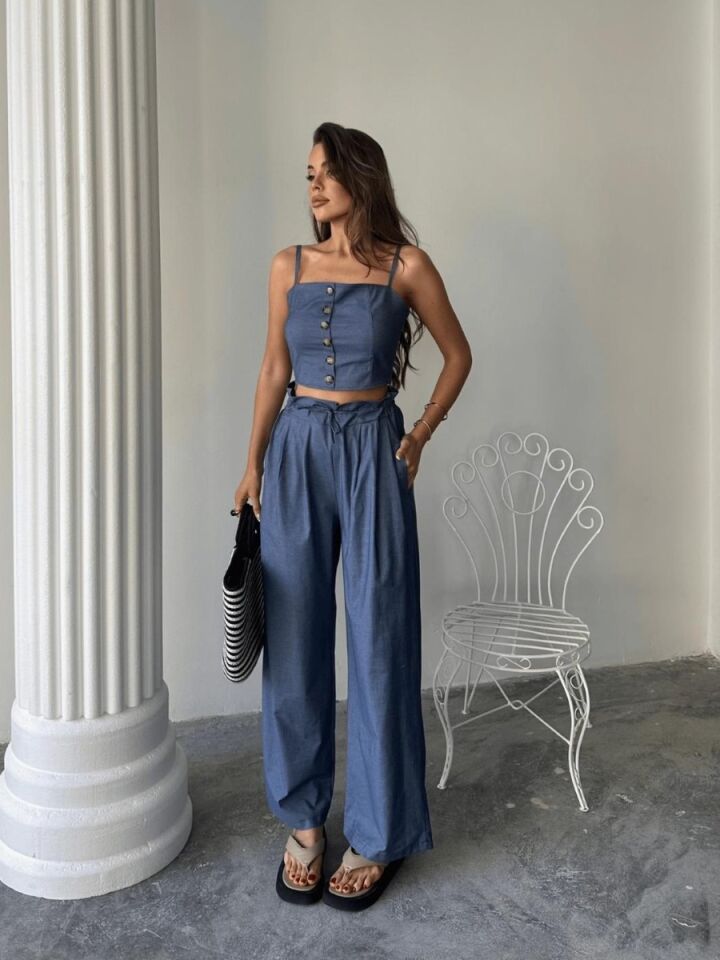 Kadın Tencel Crop Şalvar Pantolon Takım