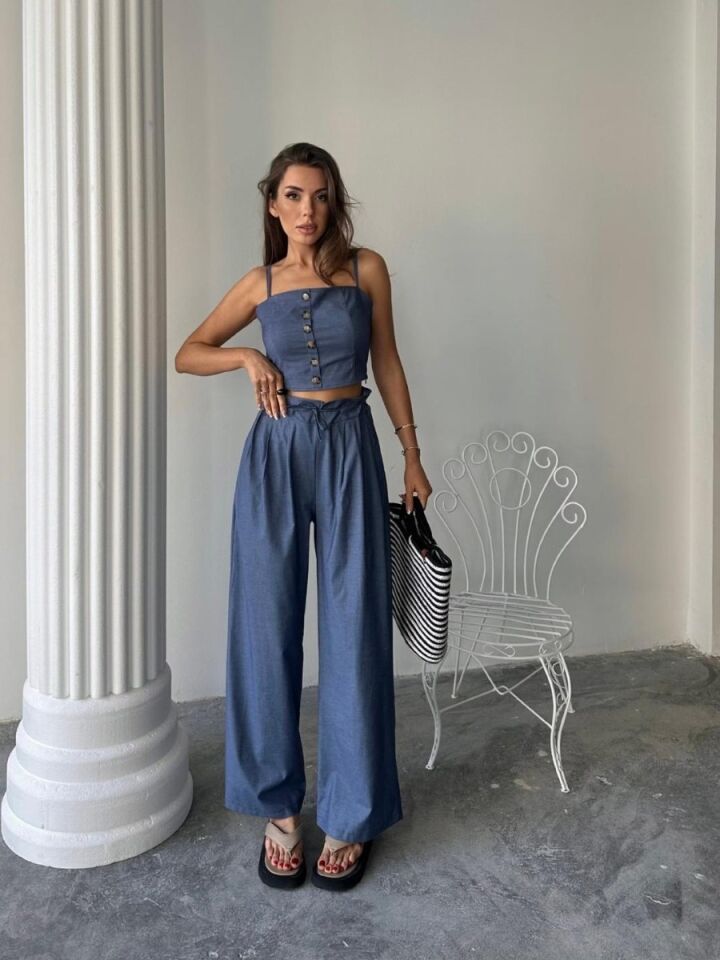 Kadın Tencel Crop Şalvar Pantolon Takım