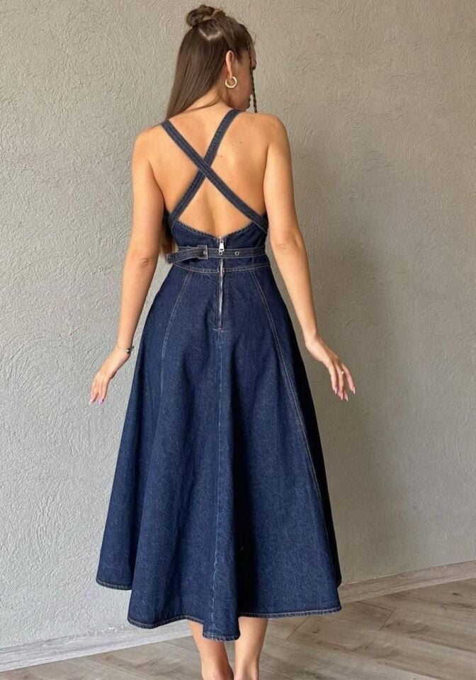 Kadın Denim Midi Boy Bantlı Elbise