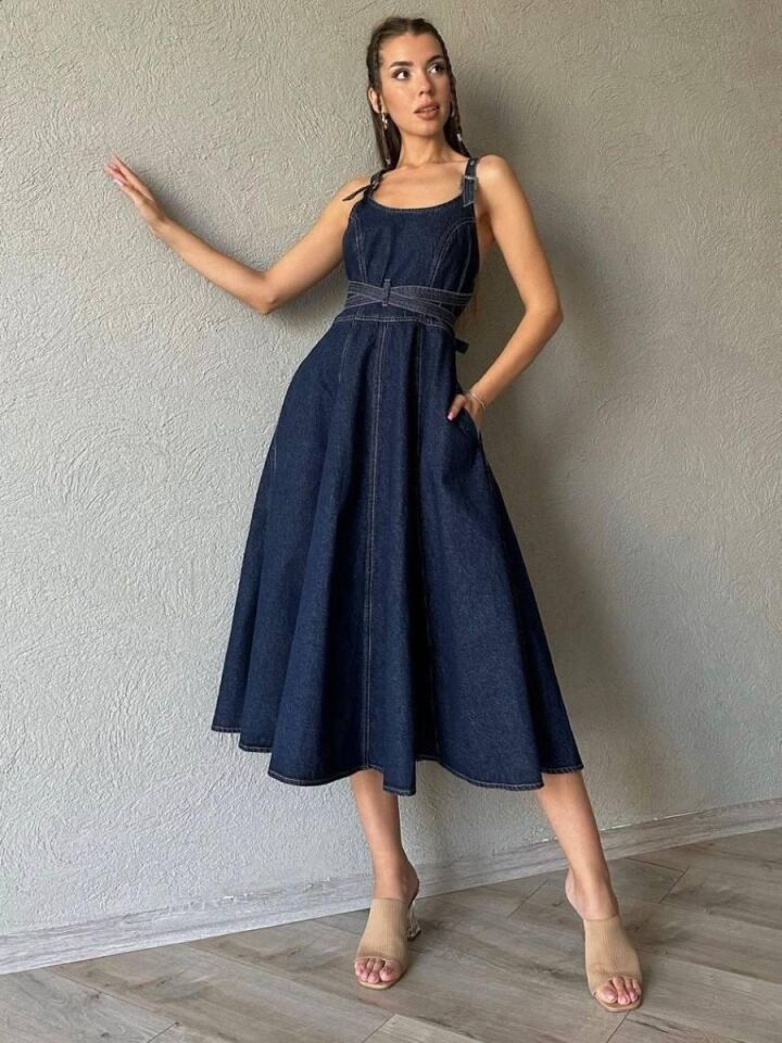 Kadın Denim Midi Boy Bantlı Elbise