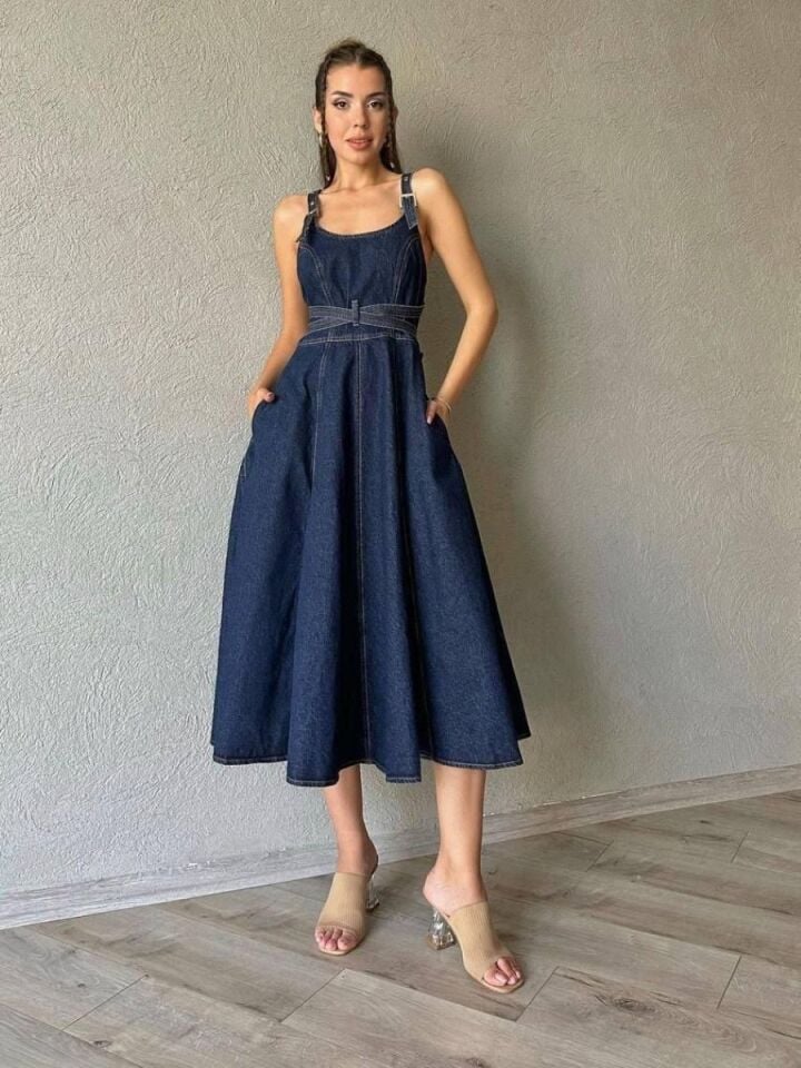 Kadın Denim Midi Boy Bantlı Elbise