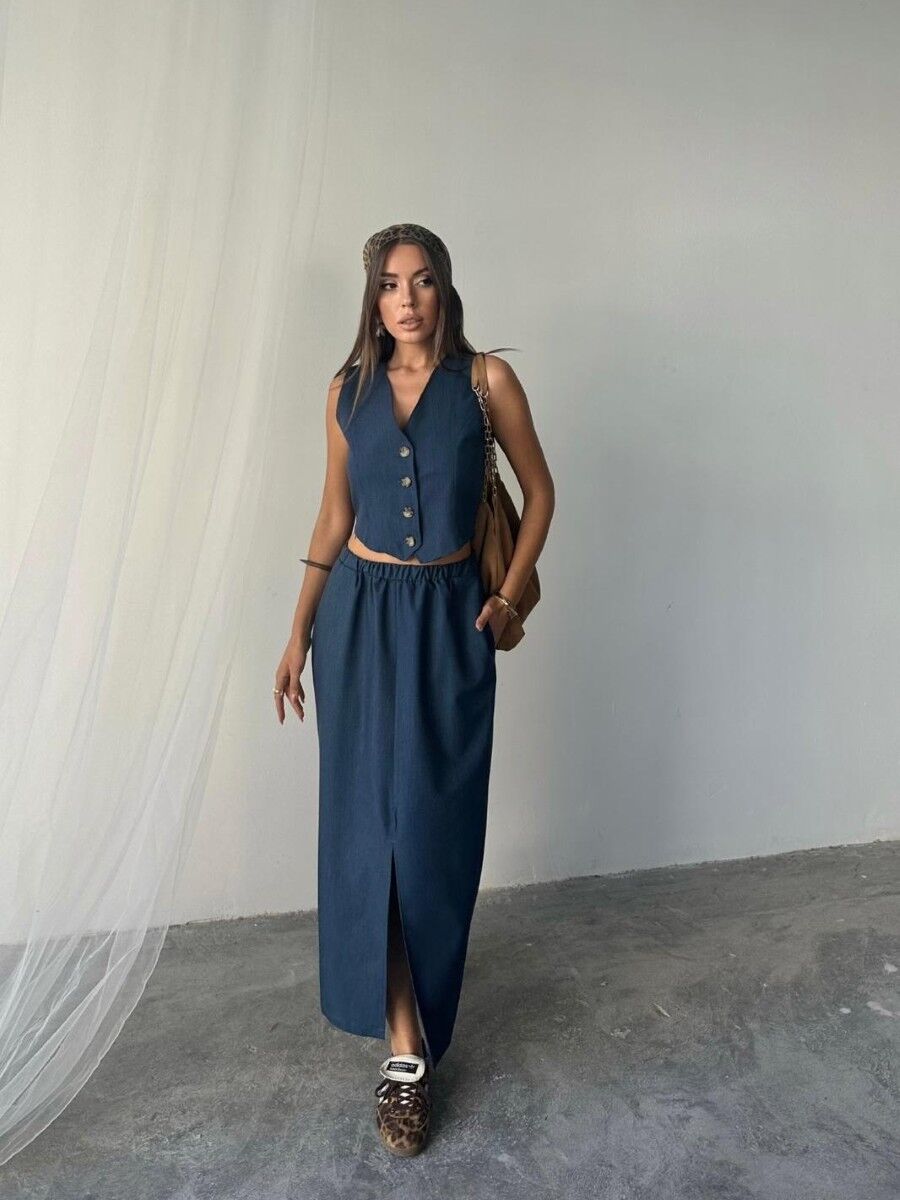 Kadın Tencel Yırtmaçlı Etek Yelek Takım