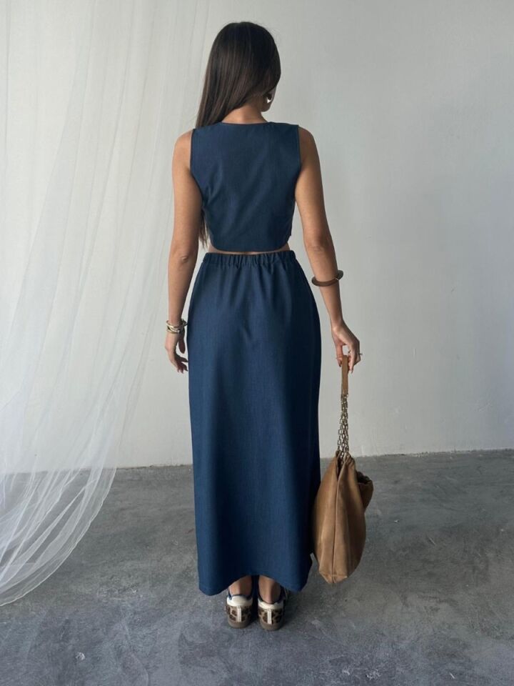 Kadın Tencel Yırtmaçlı Etek Yelek Takım