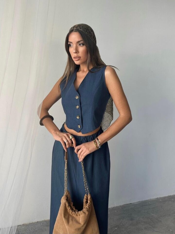 Kadın Tencel Yırtmaçlı Etek Yelek Takım