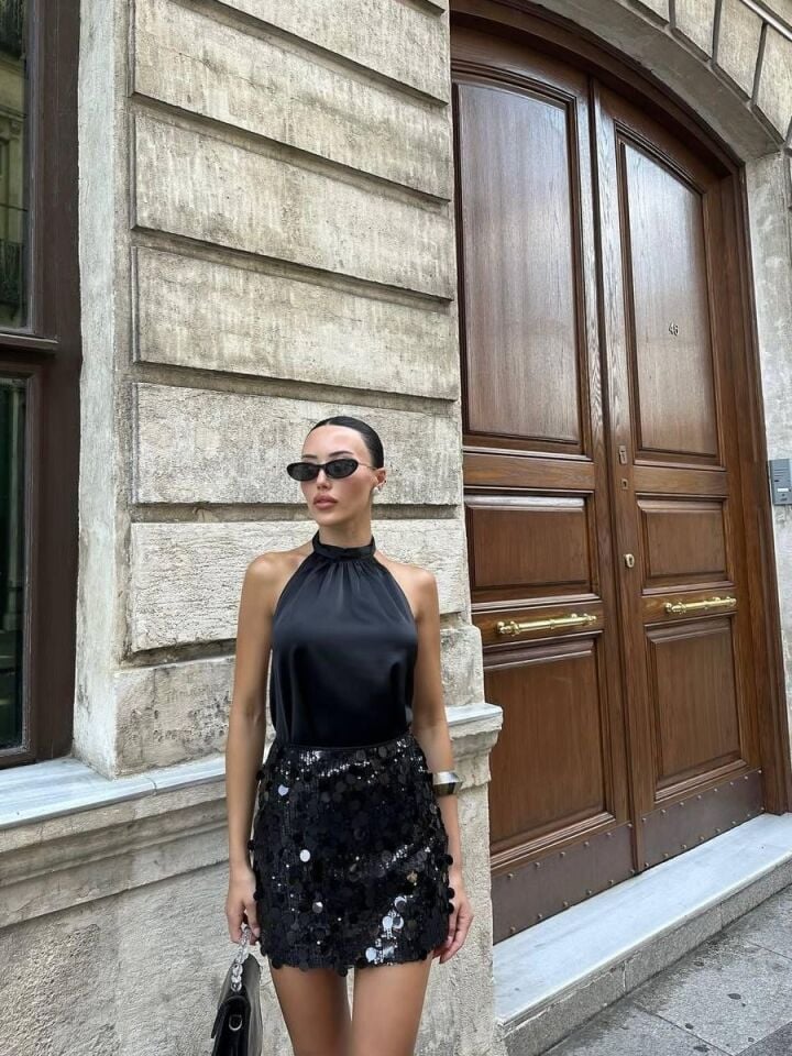 Kadın Siyah Saten Bluz